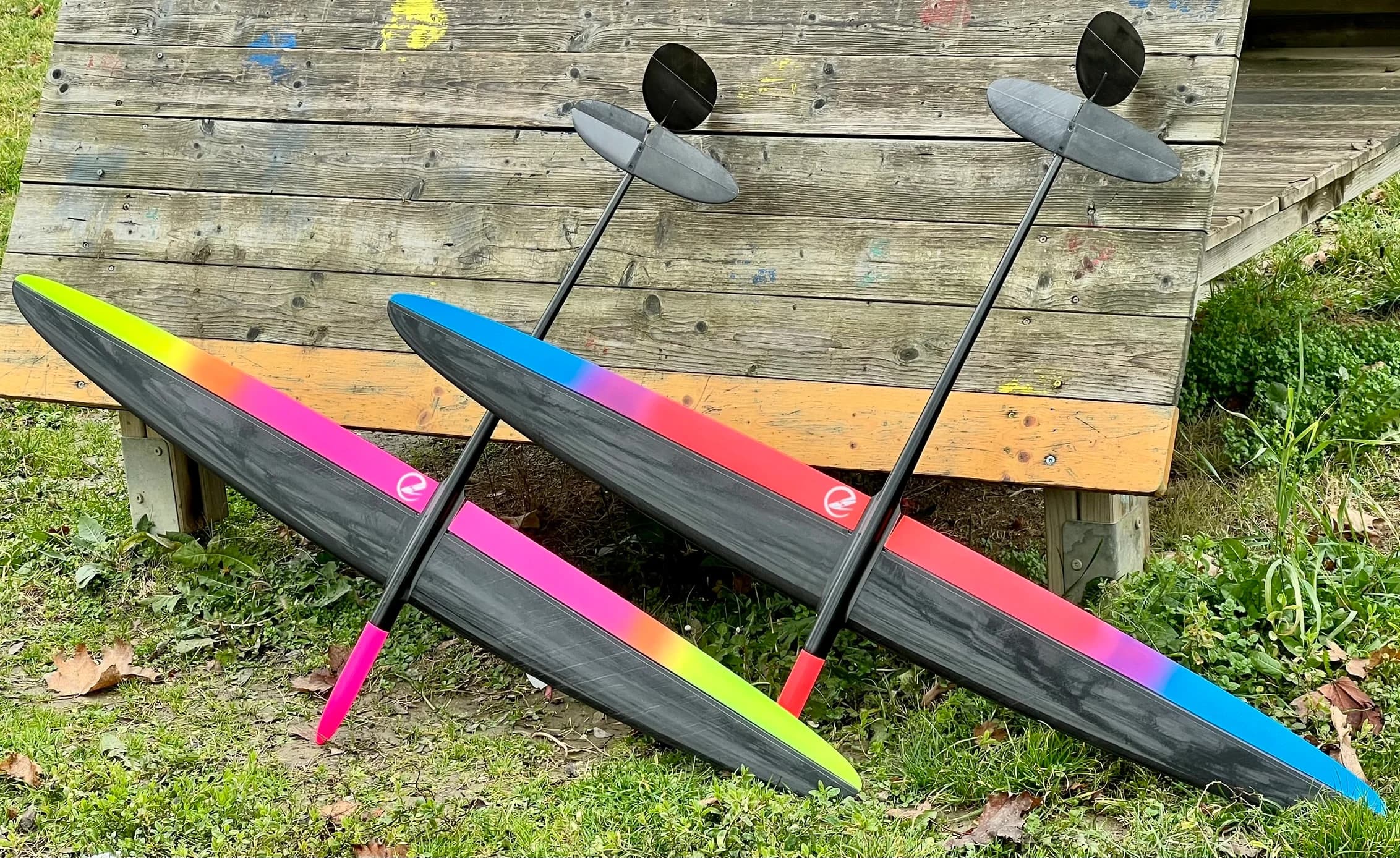 Two D1S gliders showing their carbon wings, colour designs and tail geometry